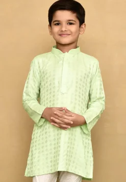 Woven Cotton Silk Jacquard Kurta in Light Green