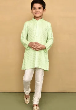 Woven Cotton Silk Jacquard Kurta in Light Green