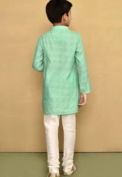 Woven Cotton Silk Jacquard Kurta Set in Sea Green