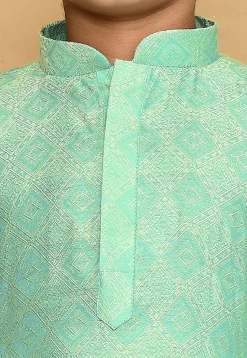 Woven Cotton Silk Jacquard Kurta Set in Sea Green