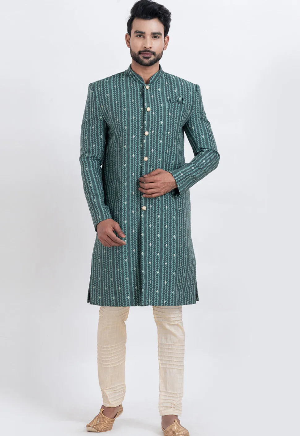 Woven Cotton Silk Jacquard Sherwani in Teal Green