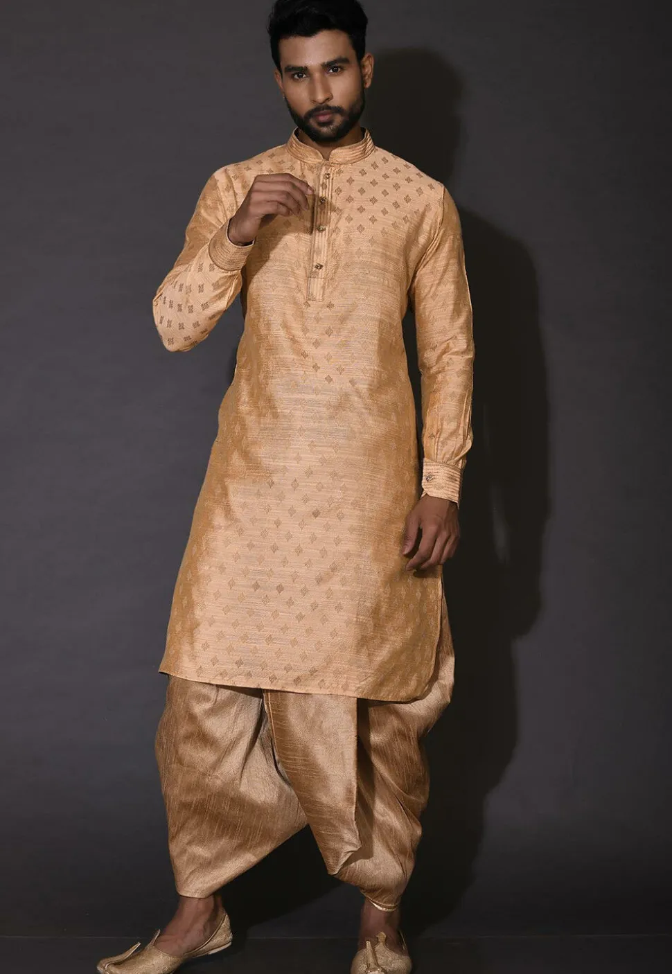 Woven Cotton Silk Jacquard Dhoti Kurta in Beige