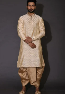 Woven Cotton Silk Jacquard Dhoti Kurta in Beige