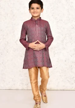 Woven Cotton Silk Jacquard Kurta Set in Red