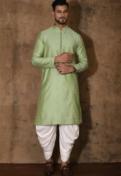 Woven Cotton Silk Jacquard Kurta Set in Light Green