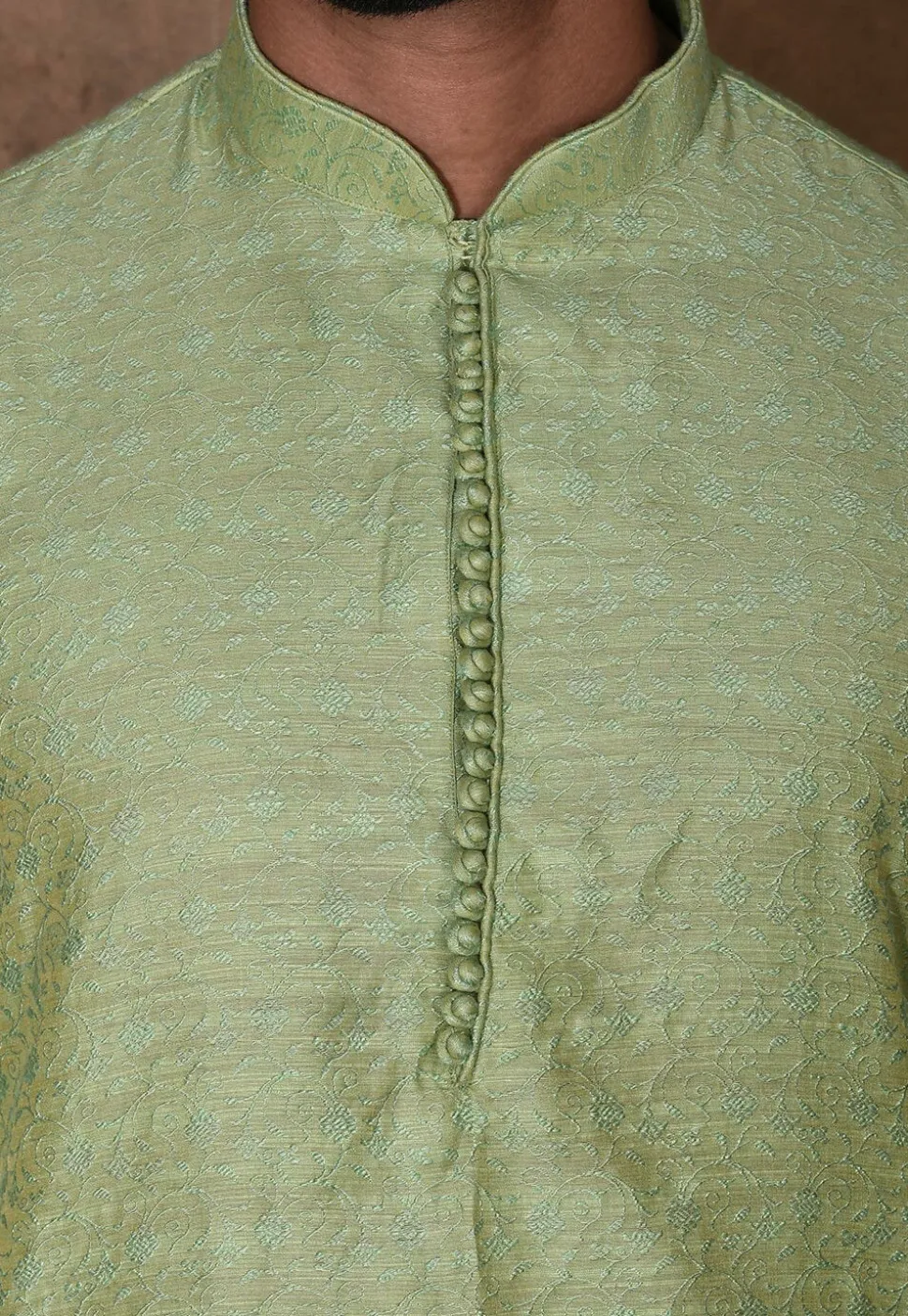 Woven Cotton Silk Jacquard Kurta Set in Light Green