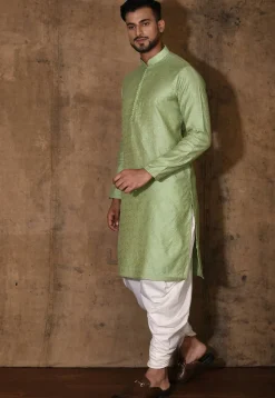 Woven Cotton Silk Jacquard Kurta Set in Light Green