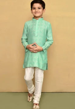Woven Cotton Silk Jacquard Kurta in Sea Green