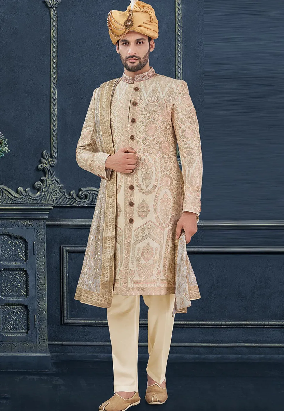 Woven Cotton Silk Jacquard Sherwani in Cream