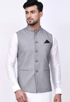 Woven Cotton Silk Jacquard Nehru Jacket in Grey