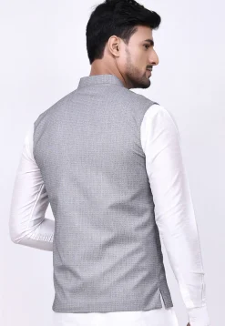 Woven Cotton Silk Jacquard Nehru Jacket in Grey