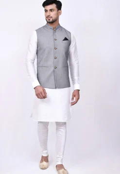 Woven Cotton Silk Jacquard Nehru Jacket in Grey