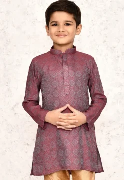 Woven Cotton Silk Jacquard Kurta in Red