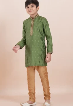 Woven Cotton Silk Jacquard Kurta Set in Olive Green
