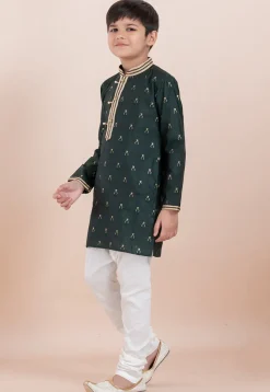 Woven Cotton Silk Jacquard Kurta Set in Dark Green