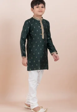 Woven Cotton Silk Jacquard Kurta Set in Dark Green