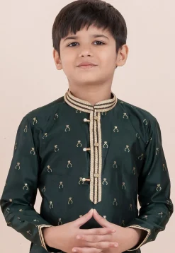 Woven Cotton Silk Jacquard Kurta Set in Dark Green