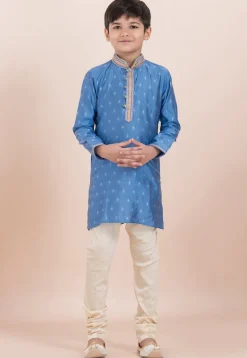 Woven Cotton Silk Jacquard Kurta Set in Blue