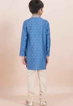Woven Cotton Silk Jacquard Kurta Set in Blue