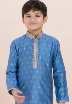 Woven Cotton Silk Jacquard Kurta Set in Blue