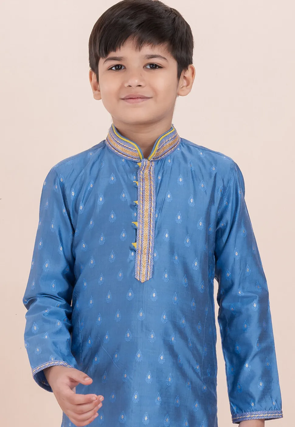 Woven Cotton Silk Jacquard Kurta Set in Blue
