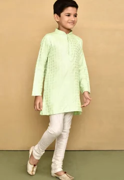 Woven Cotton Silk Jacquard Kurta Set in Light Green