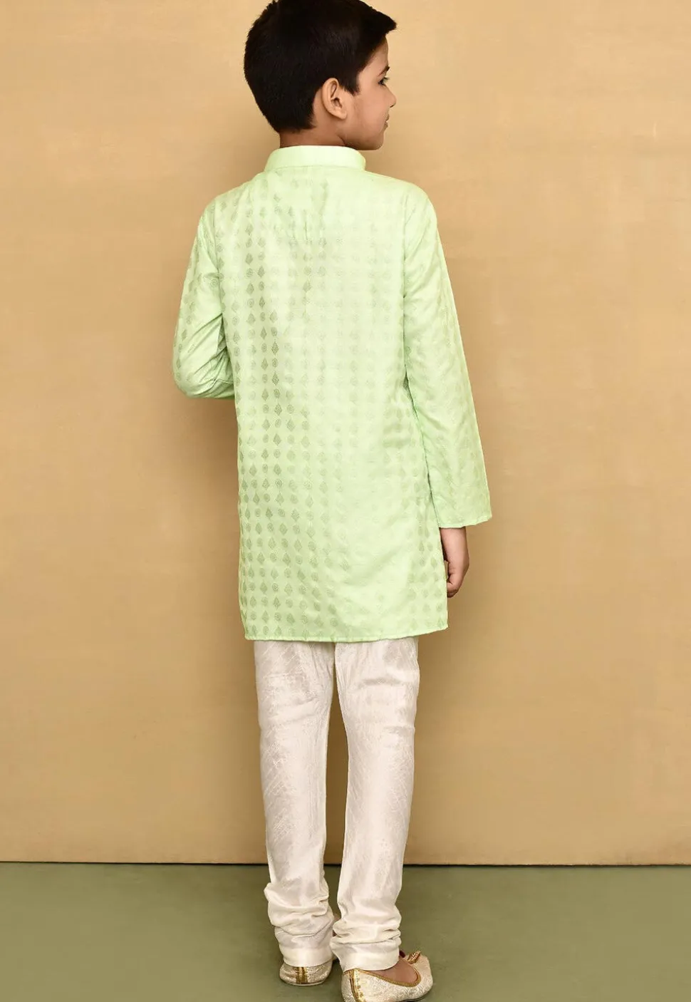 Woven Cotton Silk Jacquard Kurta Set in Light Green