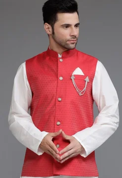 Woven Cotton Silk Jacquard Nehru Jacket in Red