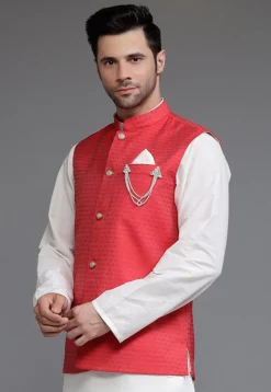 Woven Cotton Silk Jacquard Nehru Jacket in Red