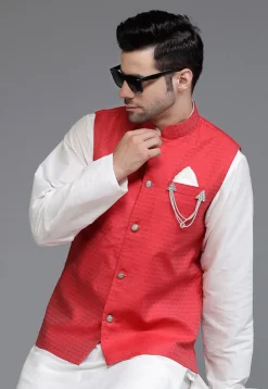 Woven Cotton Silk Jacquard Nehru Jacket in Red