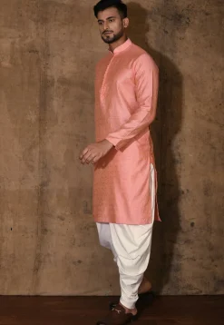 Woven Cotton Silk Jacquard Kurta Set in Peach