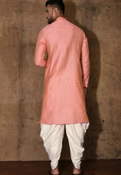 Woven Cotton Silk Jacquard Kurta Set in Peach