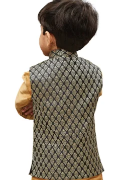 Woven Cotton Silk Jacquard Nehru Jacket in Black and Beige