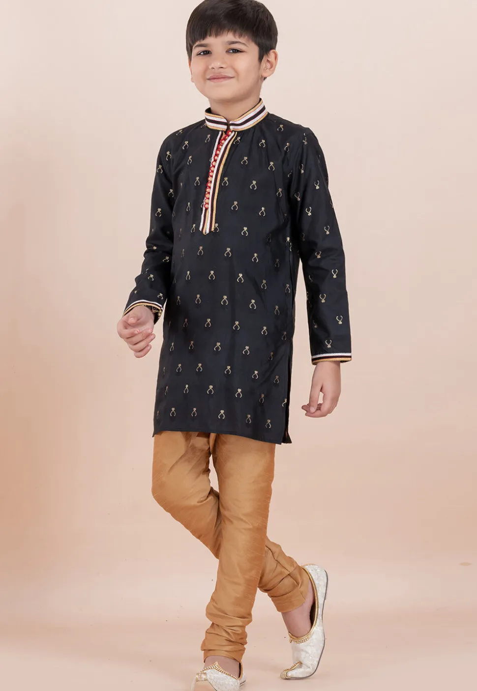 Woven Cotton Silk Jacquard Kurta Set in Black