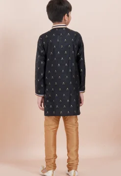 Woven Cotton Silk Jacquard Kurta Set in Black