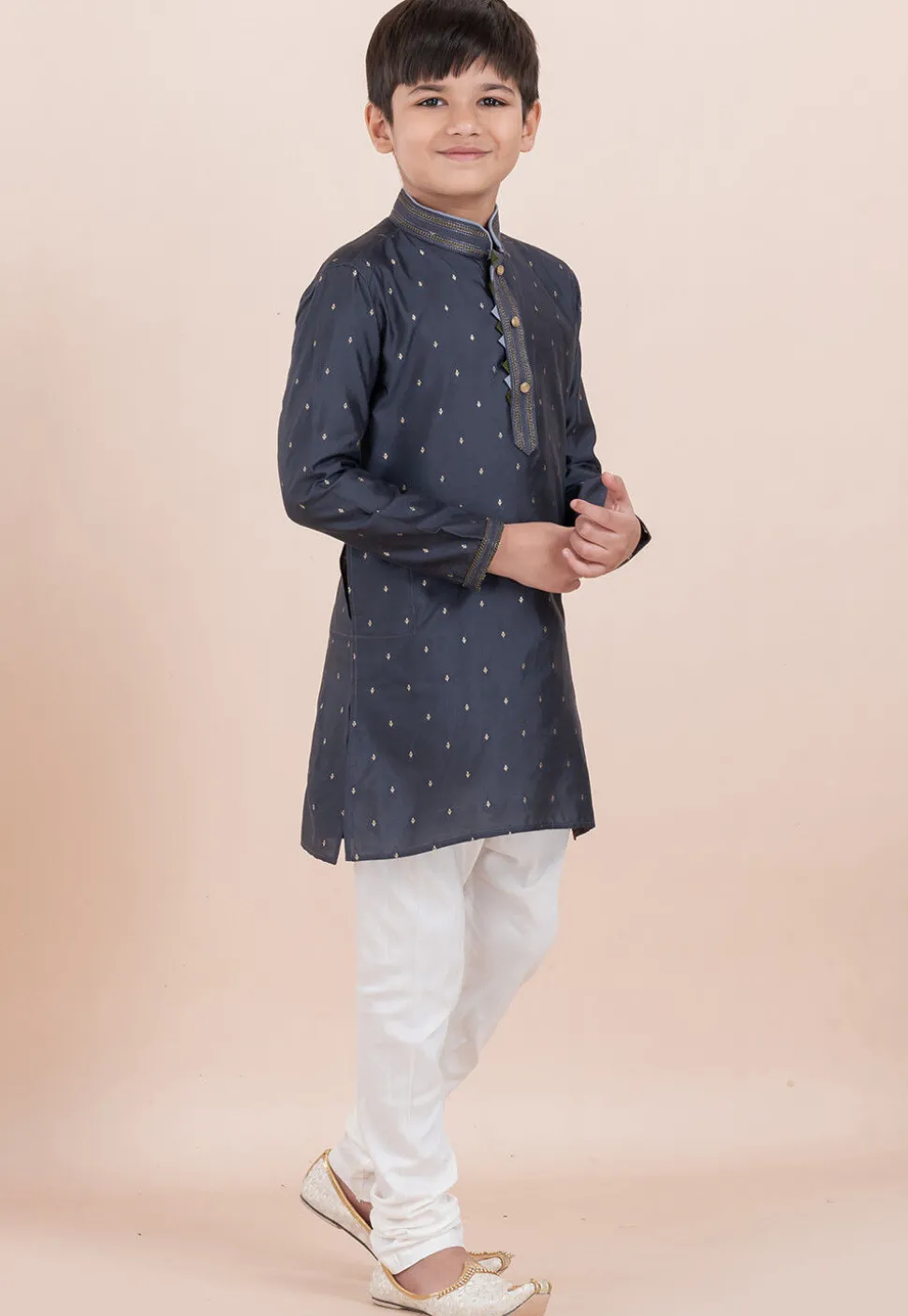Woven Cotton Silk Jacquard Kurta Set in Grey