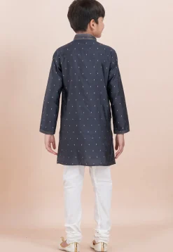 Woven Cotton Silk Jacquard Kurta Set in Grey