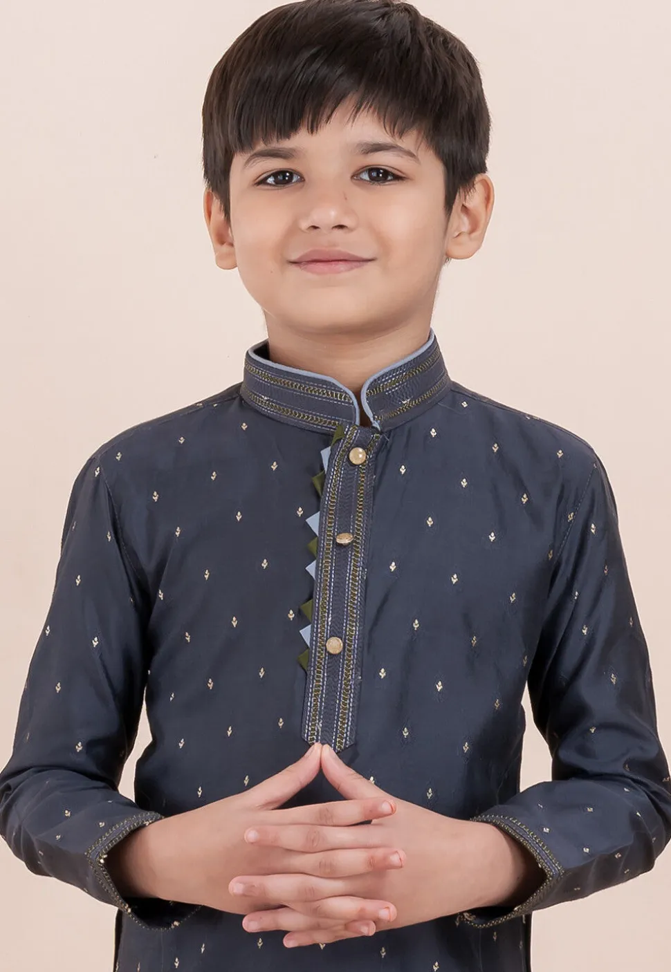 Woven Cotton Silk Jacquard Kurta Set in Grey