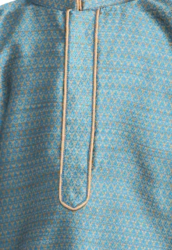 Woven Cotton Silk Jacquard Kurta Set in Teal Blue