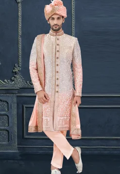 Woven Cotton Silk Jacquard Sherwani in Peach