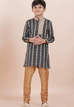 Woven Cotton Silk Jacquard Kurta Set in Dark Grey