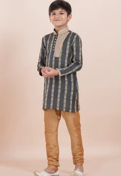 Woven Cotton Silk Jacquard Kurta Set in Dark Grey