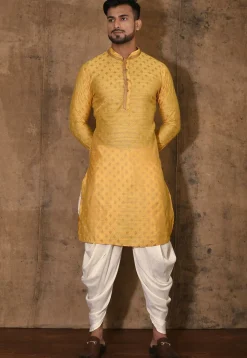 Woven Cotton Silk Jacquard Kurta Set in Yellow