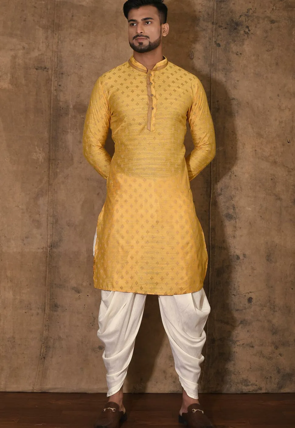 Woven Cotton Silk Jacquard Kurta Set in Yellow