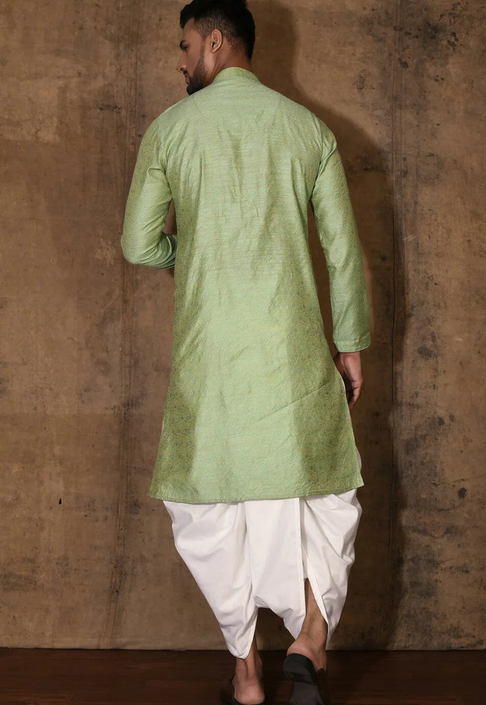 Woven Cotton Silk Jacquard Dhoti Kurta in Light Green