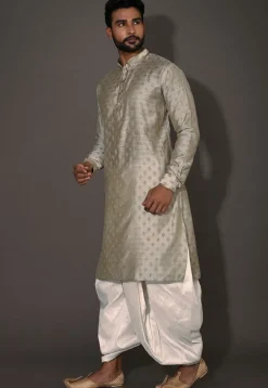 Woven Cotton Silk Jacquard Dhoti Kurta in Grey Dual Tone
