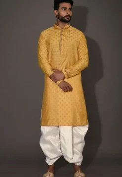 Woven Cotton Silk Jacquard Dhoti Kurta in Yellow