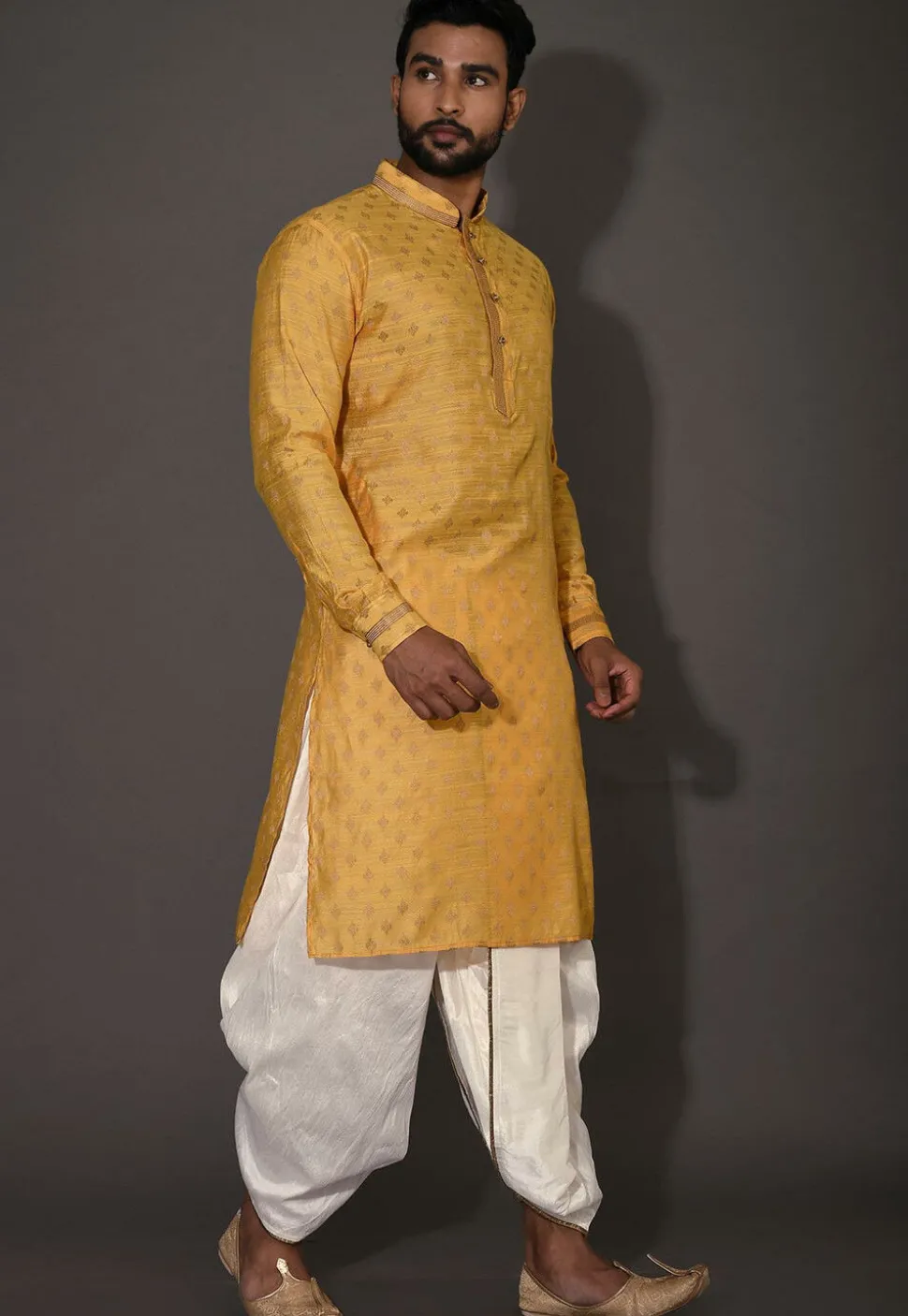 Woven Cotton Silk Jacquard Dhoti Kurta in Yellow