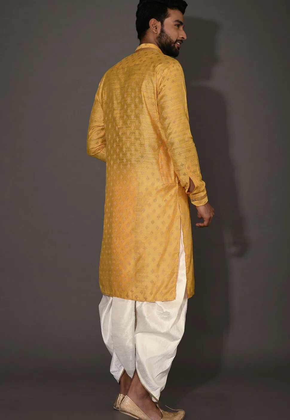 Woven Cotton Silk Jacquard Dhoti Kurta in Yellow