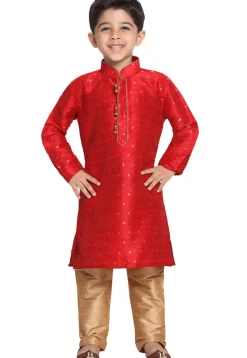 Woven Cotton Silk Jacquard Kurta Set in Red